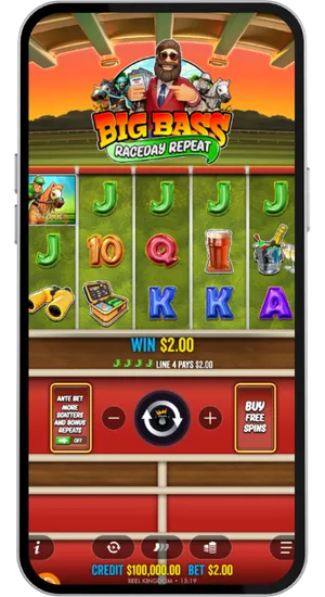Big Bass Raceday Repeat base game showing a win on line four formed by four Jack symbols paying two dollars