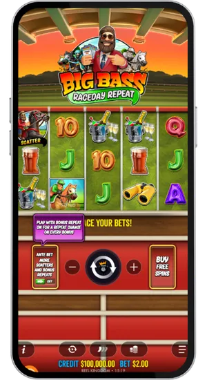 Big Bass Raceday Repeat base game layout on mobile with Ante Bet toggle and Buy Free Spins button visible