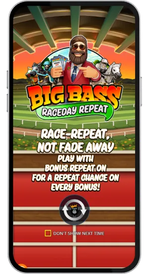 Big Bass Raceday Repeat intro screen showing the fisherman character holding race tickets with a racetrack background