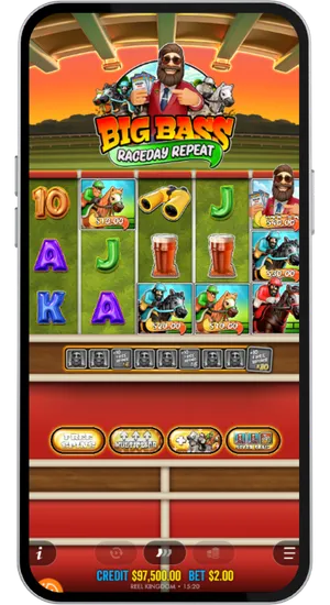 Big Bass Raceday Repeat Free Spins round in progress with Money Symbols on the reels and the Multiplier Trail active at the bottom