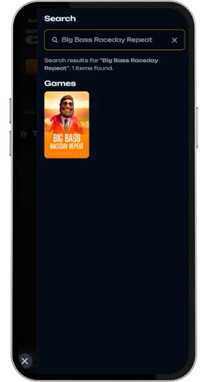 Searching Big Bass Raceday Repeat in the casino lobby and launching it in the browser or mobile app without download