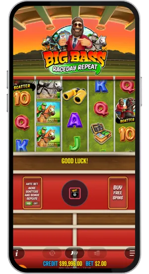 Landing 3 to 5 Scatter symbols in Big Bass Raceday Repeat to enter Free Spins with 10 to 20 spins and a gate-pick modifier